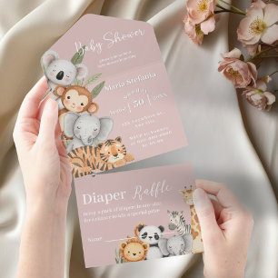Pink Tropical Jungle Safari Baby Shower Animes All In One Einladung
