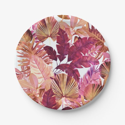 Pink Tropical Leaf Muster Papierplatte Pappteller (Vorderseite)
