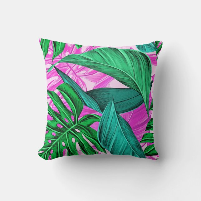 Pink Tropical Palm Leaf Kissen (Vorderseite)