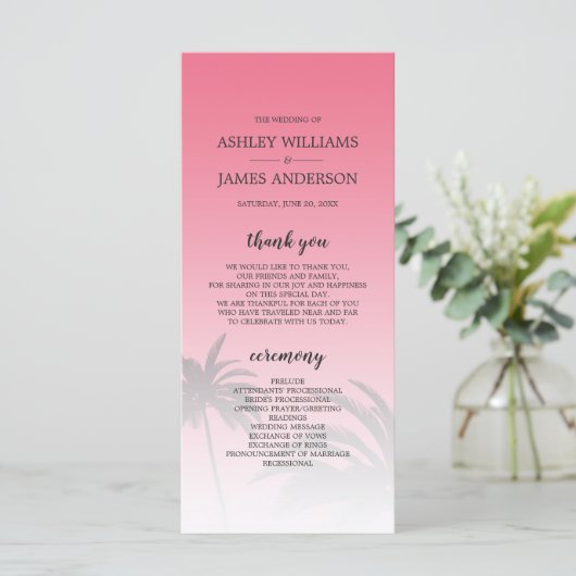 Pink Tropical Palm Tree Beach Hochzeit Programm (Stehend Vorderseite)