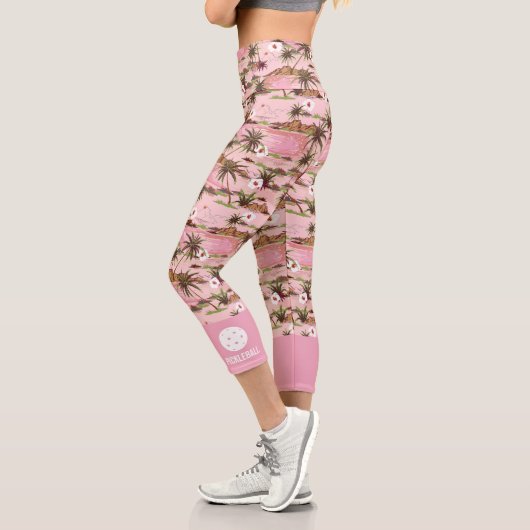 Pink Tropical Palm Trees Custom Text Pickleball Capri Leggings (Links)