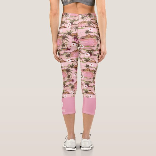 Pink Tropical Palm Trees Custom Text Pickleball Capri Leggings (Rückseite)
