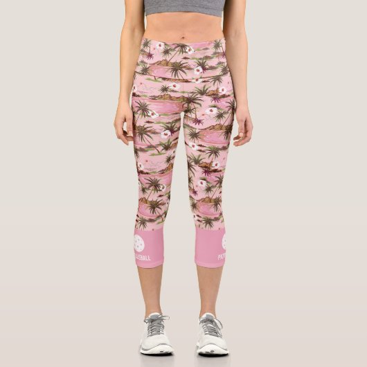 Pink Tropical Palm Trees Custom Text Pickleball Capri Leggings (Vorderseite)