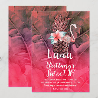 Pink Tropischer Glitzer Ananas Luau Sweet 16 Einladung
