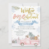 Pink Truck Banner Winter Onederland 1. Geburtstag Einladung (Vorderseite)
