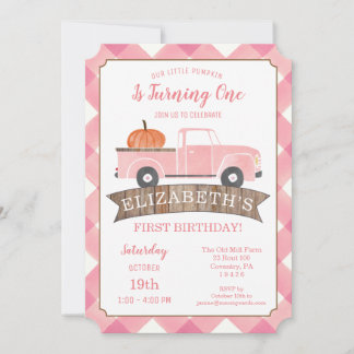 Pink Truck Kleine PUMPKIN Girl Erster Geburtstag Einladung