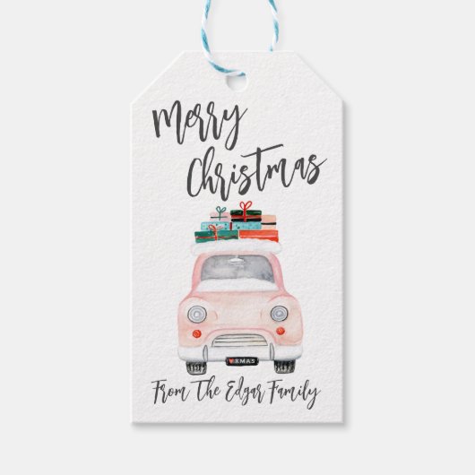 Pink Truck mit Geschenken Frohe Weihnachtsfeiertag Geschenkanhänger (Vorderseite)