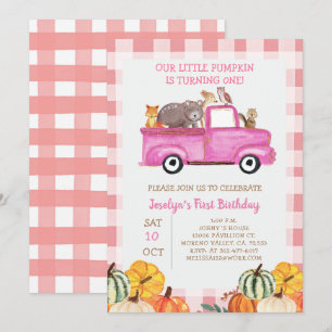 Pink Truck Pumpkin Animals 1. Geburtstag Einladung