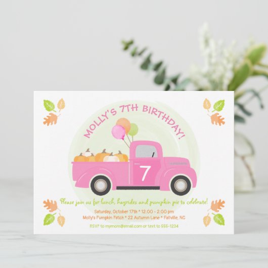 Pink Truck Pumpkin Balloons Laves Herbst Geburtsta Einladung (Stehend Vorderseite)