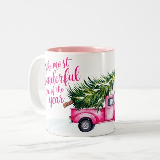 Pink Truck Weihnachtsabenteuer Zweifarbige Tasse (Vorderseite Links)