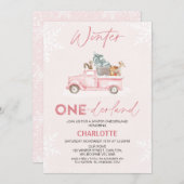 Pink Truck Woodland Winter Onederland 1. Geburtsta Einladung (Vorne/Hinten)