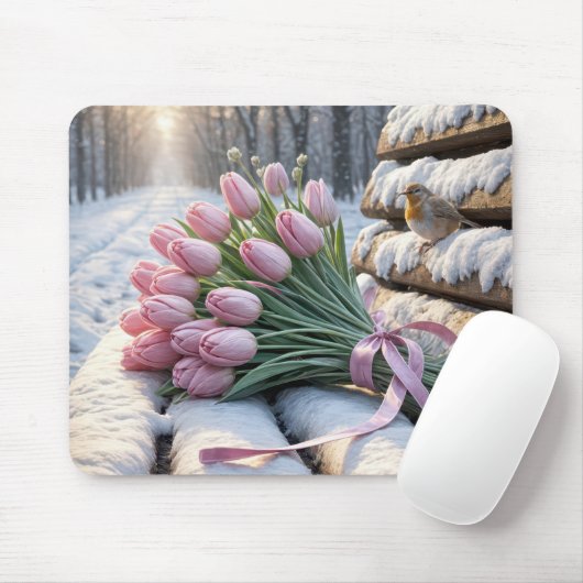Pink Tulip Bouquet und Robin Auf einer schneebedec Mousepad (Mit Mouse)