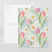 Pink Tulip Daisy Watercolor Spring Pattern Postkarte (Vorne/Hinten)