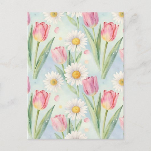 Pink Tulip Daisy Watercolor Spring Pattern Postkarte (Vorderseite)