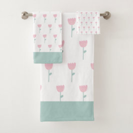 Pink Tulip Floral Minimalistisch Simple GirGreen Badhandtuch Set