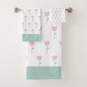 Pink Tulip Floral Minimalistisch Simple GirGreen Badhandtuch Set