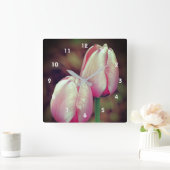 Pink Tulip Flowers With Raindrops   Quadratische Wanduhr (Zuhause)