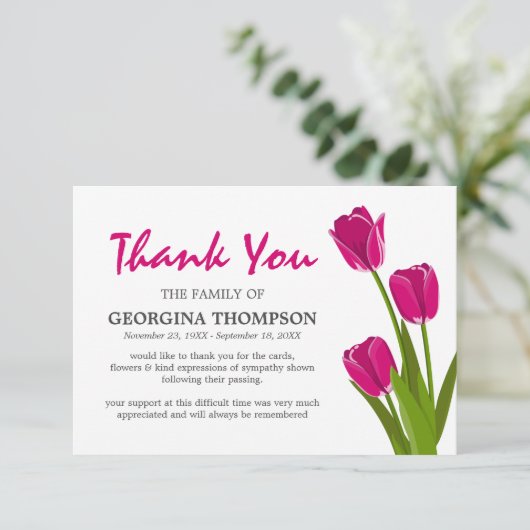 Pink Tulip Funeral Dankeskarte (Stehend Vorderseite)
