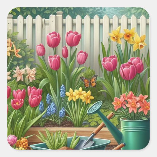 Pink Tulip Garden Floral Quadratischer Aufkleber (Vorderseite)