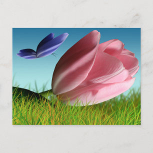 Pink Tulip Lila Butterfly Spring Post Card Postkarte