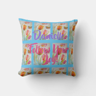 Pink Tulip Tulips Floral Wasser Farbe Blau Kissen