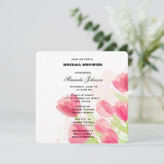 Pink Tulips Brautparty Einladung (Stehend Vorderseite)