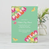 Pink Tulips & Butterfly Muttertag Brunch Grün Einladung (Stehend Vorderseite)
