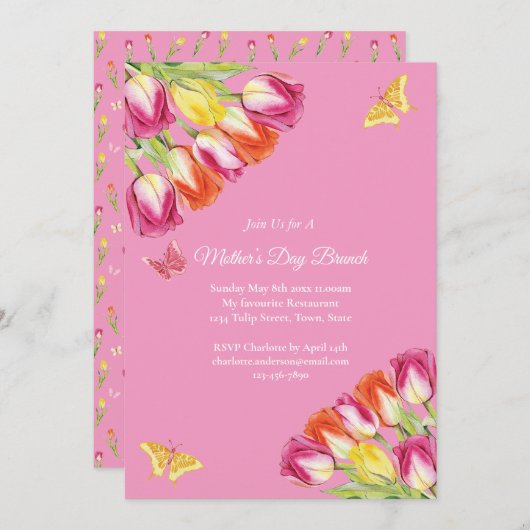 Pink Tulips & Butterfly Muttertag Brunch Rosa Einladung (Vorne/Hinten)