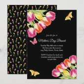 Pink Tulips & Butterfly Muttertag Brunch Schwarz Einladung (Vorne/Hinten)