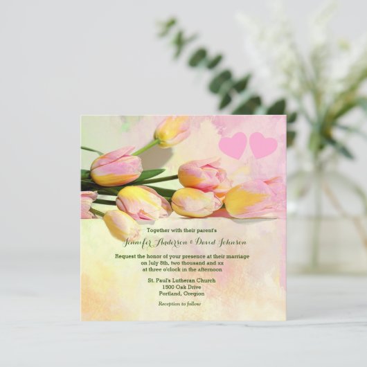Pink Tulips Custom Wedding Einladung (Stehend Vorderseite)