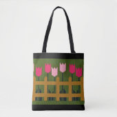 Pink Tulips Fence Green Artisan Crochet Print Tasche (Vorderseite)