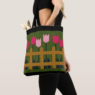 Pink Tulips Fence Green Artisan Crochet Print Tasche