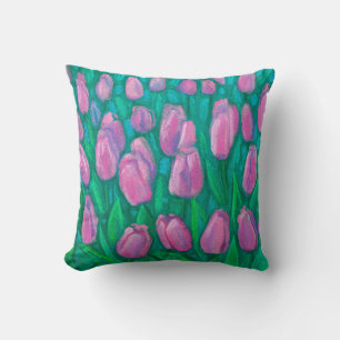 Pink Tulips Field, Frühlingsblumen Blumengemälde Kissen