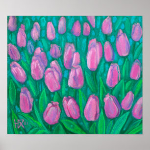 Pink Tulips Field, Frühlingsblumen Blumengemälde Poster