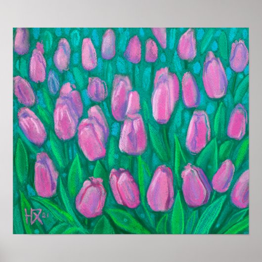 Pink Tulips Field, Frühlingsblumen Blumengemälde Poster (Vorne)