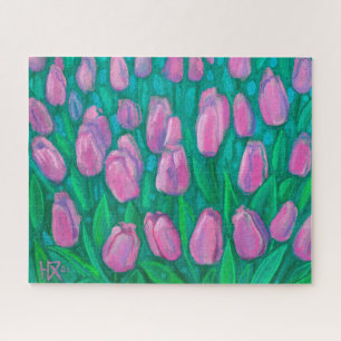Pink Tulips Field, Frühlingsblumen Blumengemälde Puzzle