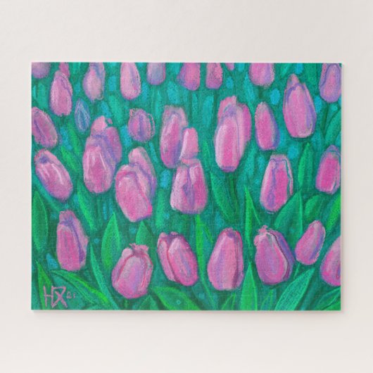 Pink Tulips Field, Frühlingsblumen Blumengemälde Puzzle (Horizontal)