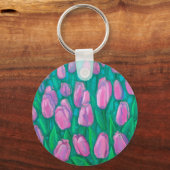 Pink Tulips Field, Frühlingsblumen Blumengemälde Schlüsselanhänger (Vorderseite)