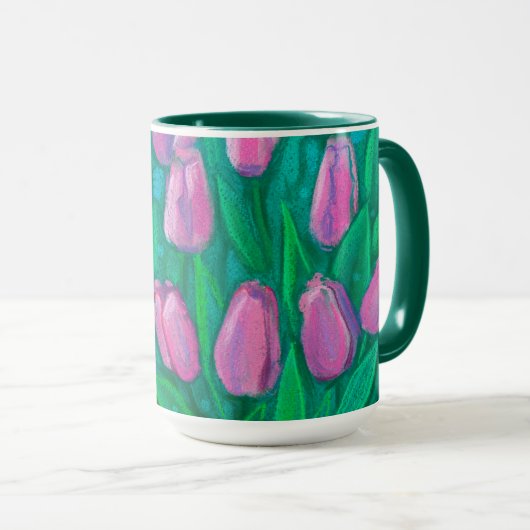 Pink Tulips Field, Frühlingsblumen Blumengemälde Tasse (VorderseiteRechts)