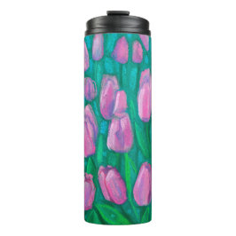 Pink Tulips Field, Frühlingsblumen Blumengemälde Thermosbecher