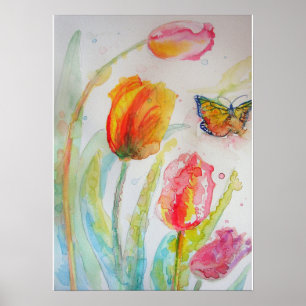 Pink Tulips Floral Blume Wasserfarben Poster