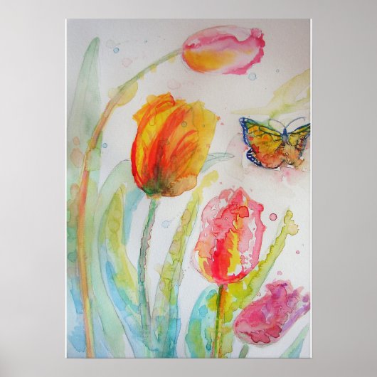 Pink Tulips Floral Blume Wasserfarben Poster (Vorne)