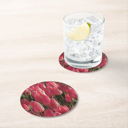 Pink Tulips Floral Runder Pappuntersetzer (Vor Ort)