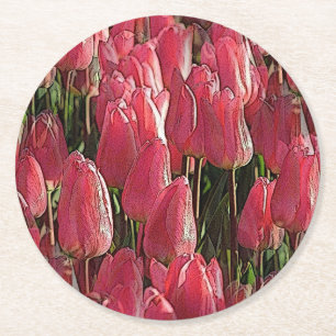Pink Tulips Floral Runder Pappuntersetzer