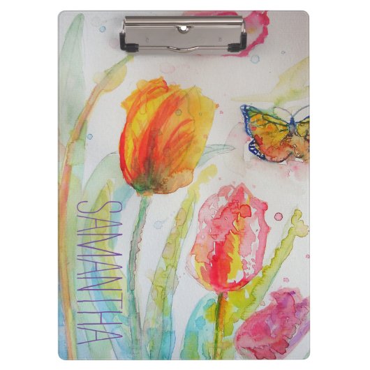 Pink Tulips Floral Watercolor Frauen Name Klemmbrett (Vorderseite)