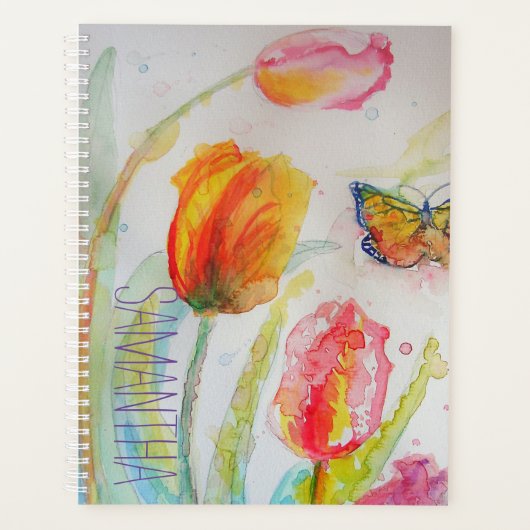 Pink Tulips Floral Watercolor Frauen Name Planer (Vorderseite)