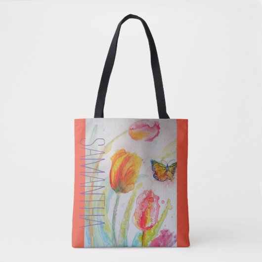 Pink Tulips Floral Watercolor Frauen Name Tasche (Vorderseite)