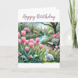 Pink Tulips im Park Happy Birthday Gruß Karte