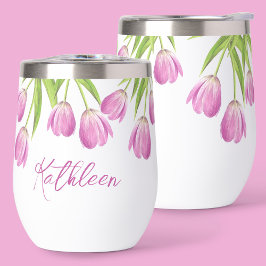 Pink Tulips Spring Elegante Blumenschrift Name