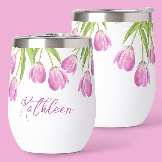 Pink Tulips Spring Elegante Blumenschrift Name